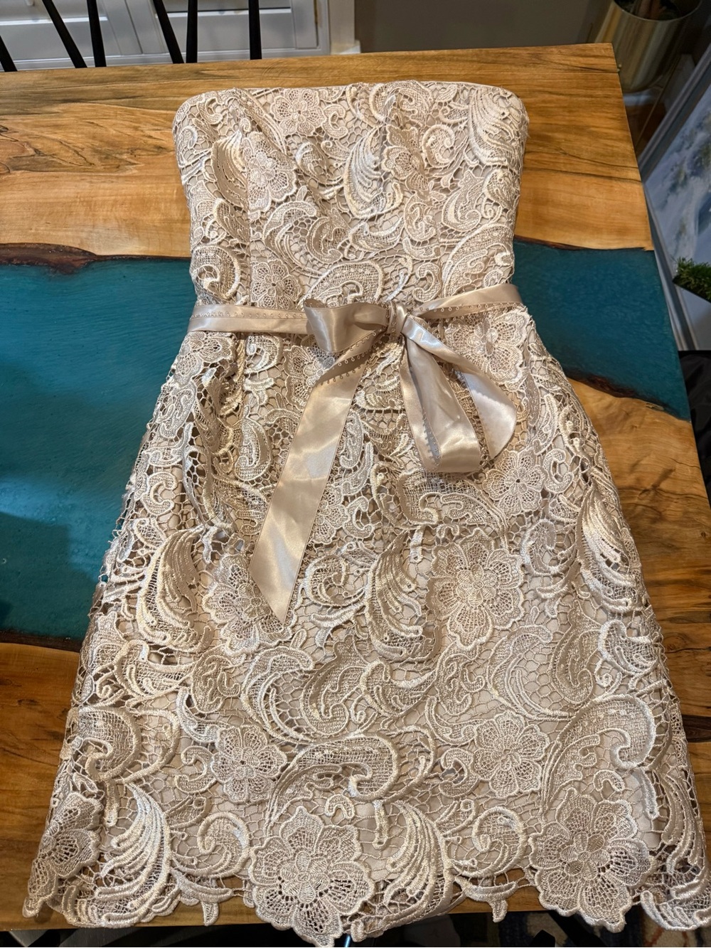 Adrianna Papell Cream Lace Strapless Mini Dress with Satin Bow